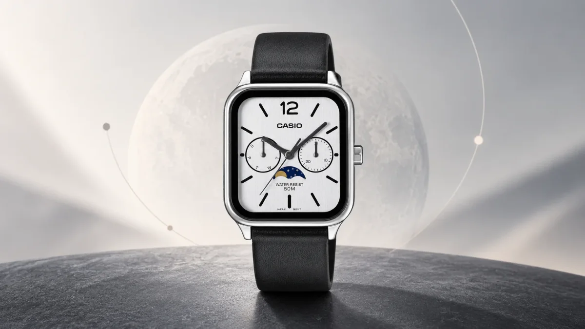 Casio MTP-M305LC-7AV watch with silver dial and moon-phase display