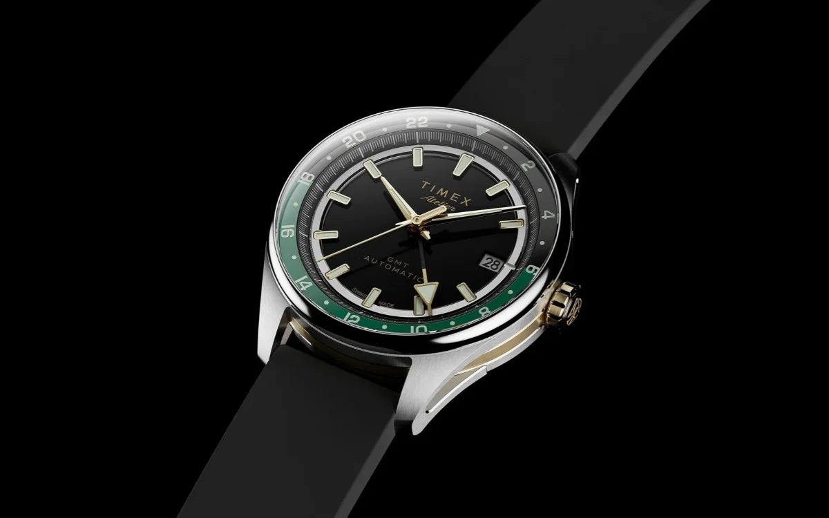 Timex Atelier GMT Première M1a watch with black dial and gold-plated case
