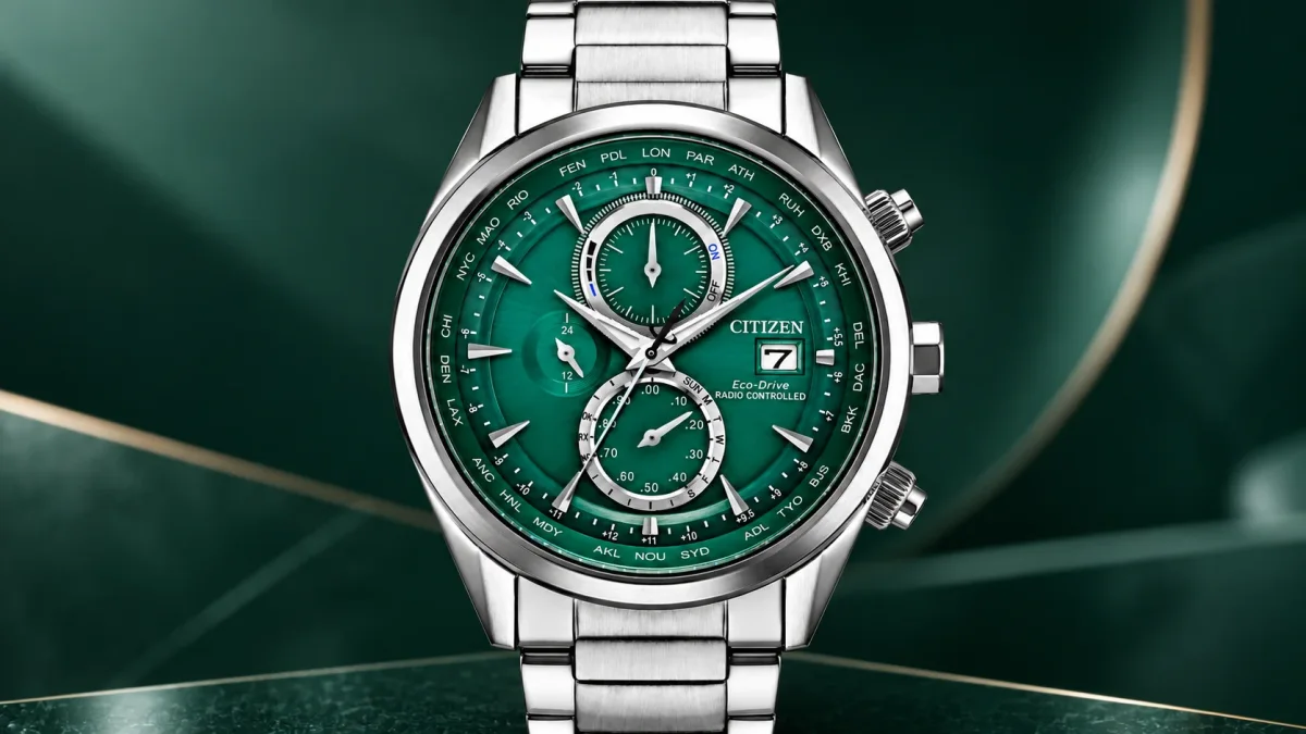 Citizen AT8260-85X stainless steel chronograph with emerald-green dial and Eco-Drive technology