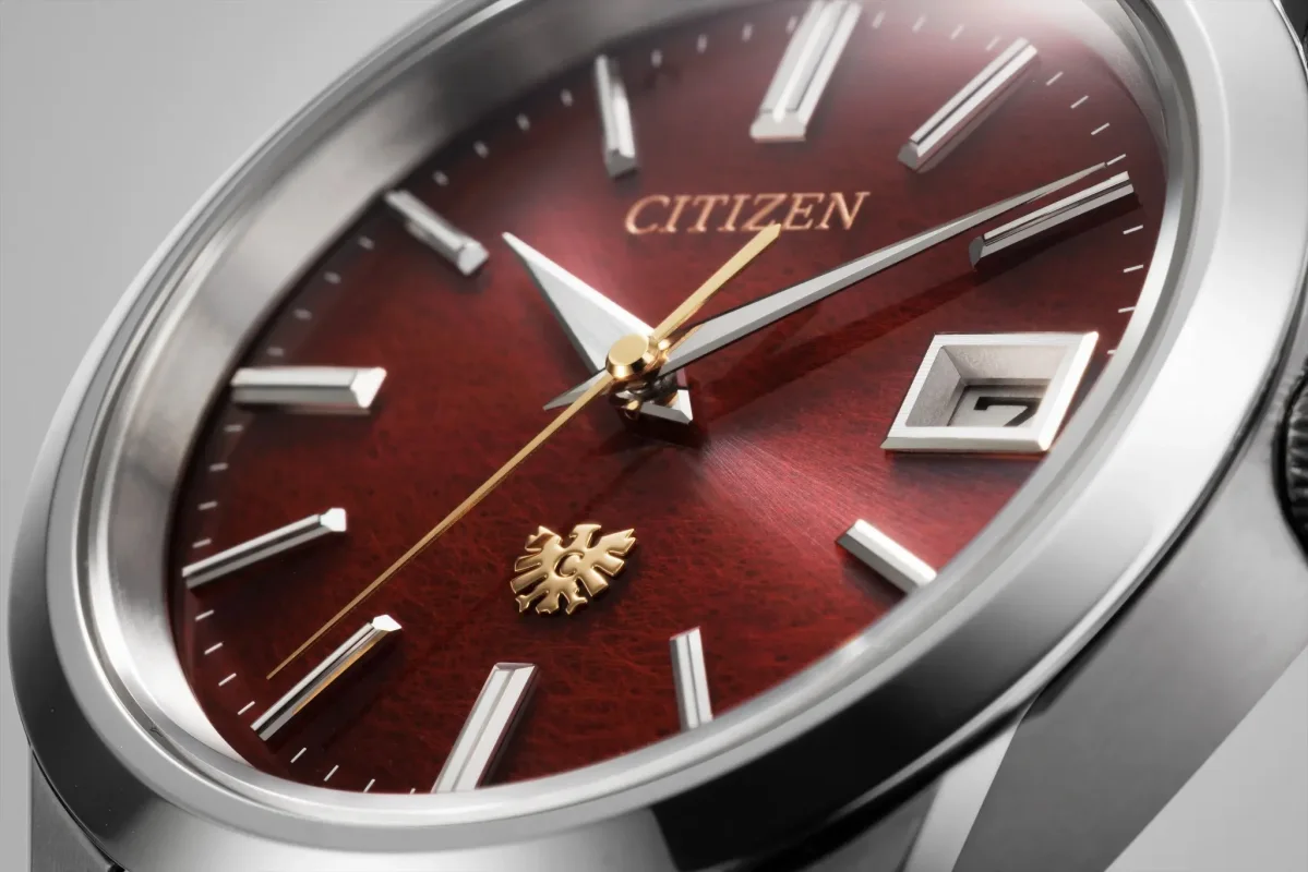 Citizen AQ4100-65X watch with red Tosa Tengujoshi paper dial and titanium bracelet