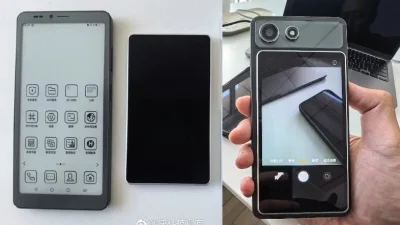 Hisense A10 e-ink phone with detachable LCD shown in detailed hands-in images